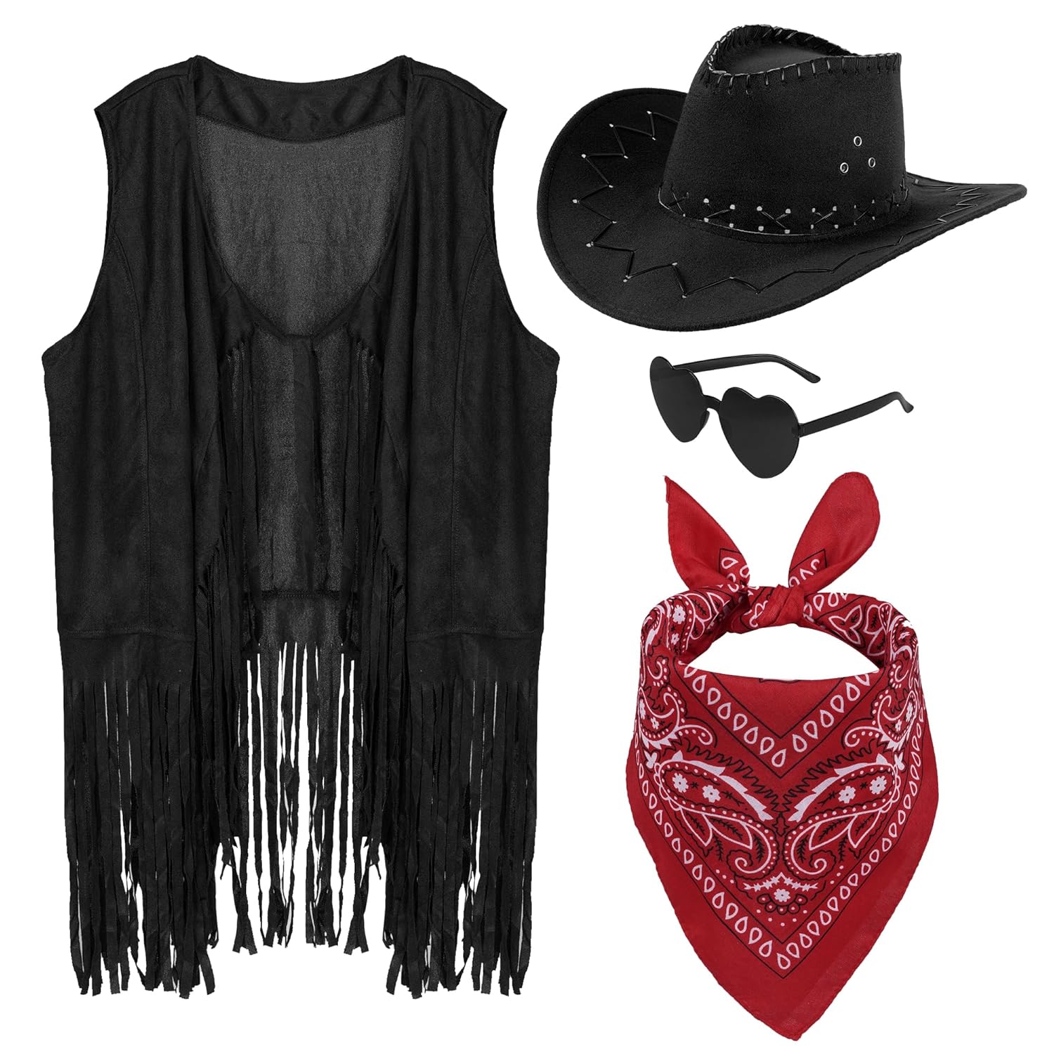 Western Cowgirl Costume Set with Fringe Vest, Hat, Sunglasses, Bandana